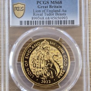 2022 Gold One Ounce Lion of England. This coin was issued as part of the Tudor Beasts series by the Royal Mint. One ounce gold coin.