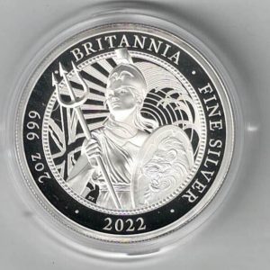 2022 Royal Mint Silver Proof Two Ounce Britannia Coin. This coin features the portrait of Elizabeth II Facing to the Right. All coins are in stock.