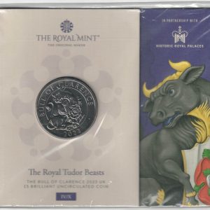 2023 Cupro-Nickle Five Pounds Royal Tudor Beasts, Bull of Clarence. This coin features Charles III On the obverse side of the coin. All coins in stock.