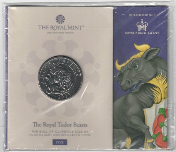 2023 Cupro-Nickle Five Pounds Royal Tudor Beasts, Bull of Clarence. This coin features Charles III On the obverse side of the coin. All coins in stock.