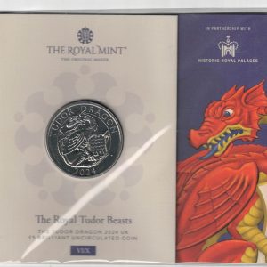 2024 Cupro-Nickle Five Pounds Royal Tudor Beasts, The Tudor Dragon. This coin features Charles III On the obverse side of the coin. All coins in stock.