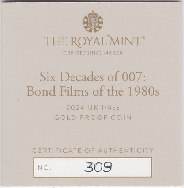 2024 Gold Proof Quarter Ounce 007 Bond Films Of The 1980s - Image 3