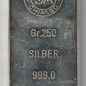 250 Gram Silver Bar Argor. This bar contains 250 grams of 999 fine Silver. All of our silver bars have been pre-owned and are in stock.
