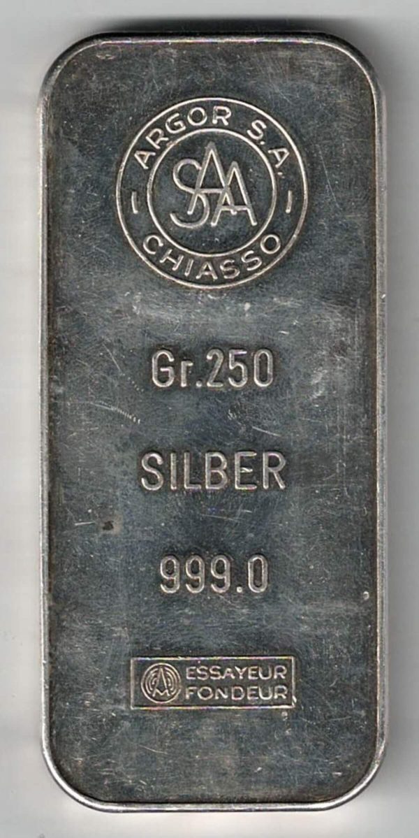 250 Gram Silver Bar Argor. This bar contains 250 grams of 999 fine Silver. All of our silver bars have been pre-owned and are in stock.
