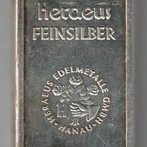 250 Gram Silver Bar Heraeus. This bar contains 250 grams of 999 fine Silver. All of our silver bars have been pre-owned and are in stock.