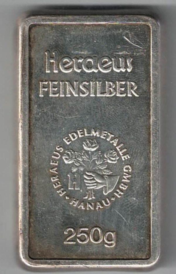 250 Gram Silver Bar Heraeus. This bar contains 250 grams of 999 fine Silver. All of our silver bars have been pre-owned and are in stock.