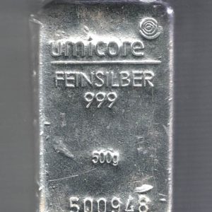 500 Gram Silver Bar Umicore. This bar contains 500 grams of 999 fine Silver. All of our silver bars have been pre-owned and are in stock.