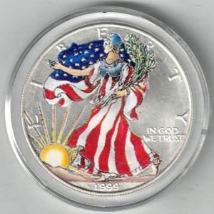 Boxed 1999 Colourised Silver USA One Ounce Eagle Coin . The liberty is on the obverse, The eagle is on the reverse. All coins are in stock.