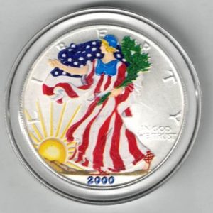 Boxed 2000 Colourised Silver USA One Ounce Eagle Coin . The liberty is on the obverse, The eagle is on the reverse. All coins are in stock.