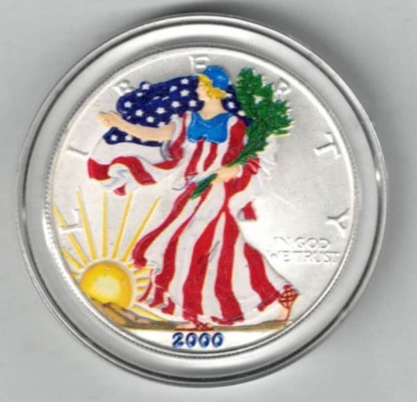 Boxed 2000 Colourised Silver USA One Ounce Eagle Coin . The liberty is on the obverse, The eagle is on the reverse. All coins are in stock.