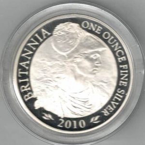 Boxed 2010 Silver Britannia Proof One Ounce. The coin contains one ounce of fine silver. All of our silver coins have been pre-owned and are in stock.
