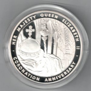 Boxed 2013 Silver Proof Five Ounce The Queen's Coronation Coin. This coin weighs 156.29 grams of 0.999 silver. All coins are in stock.