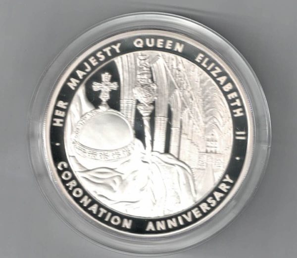 Boxed 2013 Silver Proof Five Ounce The Queen's Coronation Coin. This coin weighs 156.29 grams of 0.999 silver. All coins are in stock.