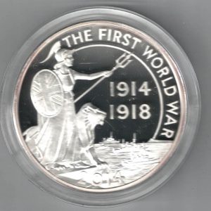 Boxed 2014 Silver Proof Five Ounce First World War Outbreak. This coin weighs 156.29 grams of 0.999 silver. All coins are in stock.