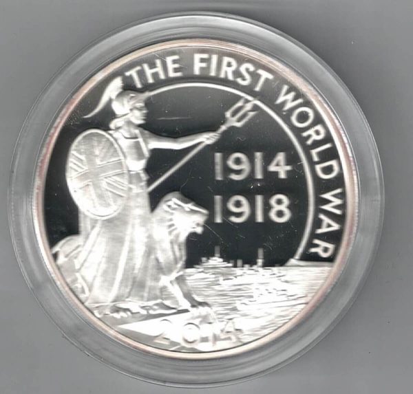 Boxed 2014 Silver Proof Five Ounce First World War Outbreak. This coin weighs 156.29 grams of 0.999 silver. All coins are in stock.