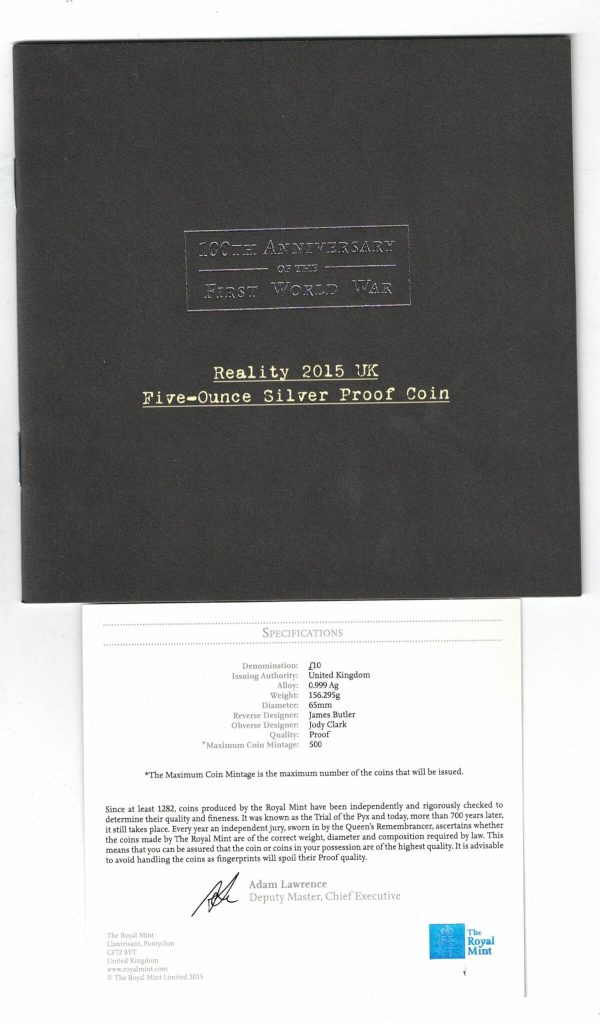 Boxed 2015 Silver Proof Five Ounce First World War Anniversary - Reality - Image 3