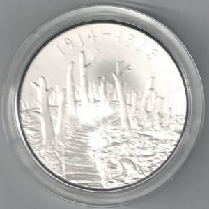 Boxed 2015 Silver Proof Five Ounce First World War Anniversary Coin. This coin weighs 156.29 grams of 0.999 silver. All coins are in stock.