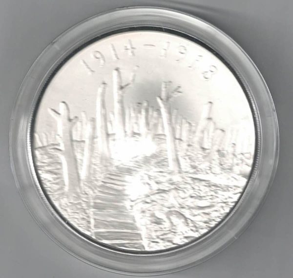 Boxed 2015 Silver Proof Five Ounce First World War Anniversary Coin. This coin weighs 156.29 grams of 0.999 silver. All coins are in stock.