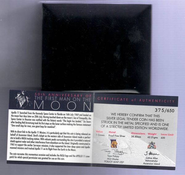 Boxed 2019 Ascension Island Silver Proof First Man On The Moon Coin - Image 3