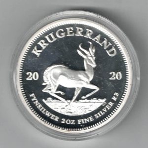 Boxed 2020 Silver Proof Two Ounce Krugerrand Coin. The Reverse shows a springbok antelope, one of South Africa’s national symbols.