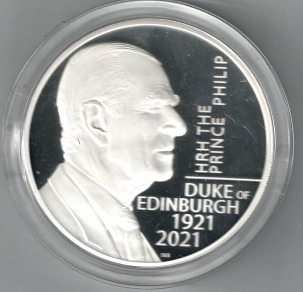 Boxed 2021 Silver Proof Five Ounce HRH The Duke Of Edinburgh. This coin weighs 156.30 grams of 0.999 silver. All coins are in stock.