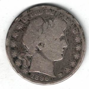 1896 S USA Barber Silver Half Dollar Coin. The reverse features a heraldic eagle with 13 stars above with the denomination below.