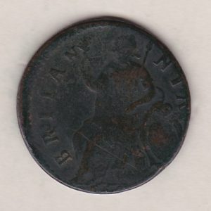 Error copper halfpenny coin featuring King William III facing right on the Obverse. The coin has been mis struck and is off centre.