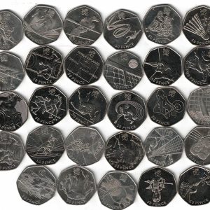 2011 Fifty Pence London Olympics cupro nickel 50p coins featuring Queen Elizabeth II on the Obverse. All coins are in stock.