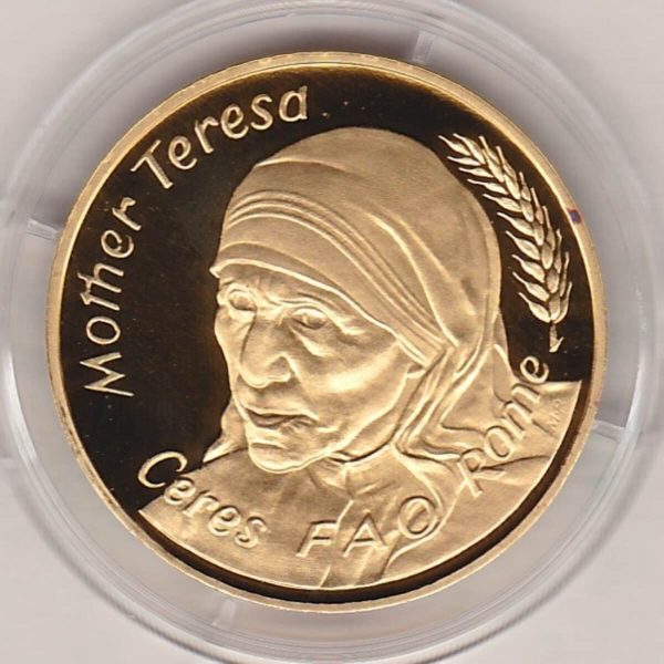 2003 Gold Medal United Nations Mother Teresa. This gold proof medal was struck by B H Mayer's in Germany and comes with the original box and certificate.