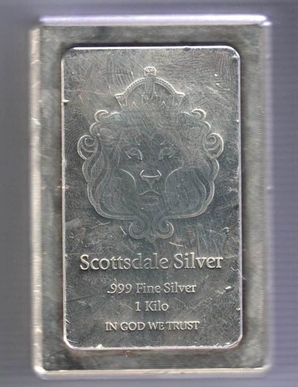 Bullion Scottsdale One Kilo 999 Fine Silver Bar. All of our silver bars have been pre-owned and in stock for dispatch for delivery.