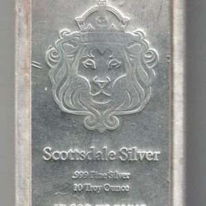 Ten Ounce Silver Scottsdale Bar This bar contains 10 ounces of 999 fine Silver. All of our silver bars have been pre-owned and are in stock.