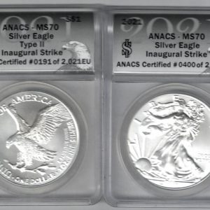 Slabbed ANACS 2021 Silver USA One Ounce Eagles. The liberty is on the obverse, The eagle is on the reverse. both coins contains one ounce of 999 fine silver