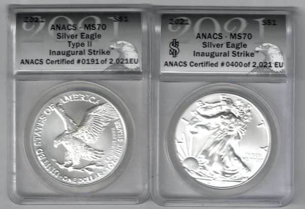 Slabbed ANACS 2021 Silver USA One Ounce Eagles. The liberty is on the obverse, The eagle is on the reverse. both coins contains one ounce of 999 fine silver