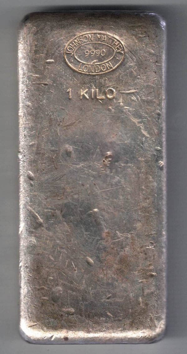 Vintage Johnson Matthey One Kilo Silver Bar . All of our silver bars have been pre-owned and in stock for dispatch for delivery.