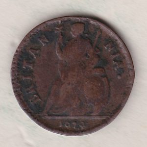 1674 copper farthing coin featuring the laureate bust of King Charles II on the Obverse. Britannia seated facing left on the Reverse.