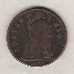 1675 copper farthing coin featuring the laureate bust of King Charles II on the Obverse. Britannia seated facing left on the Reverse.