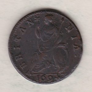 1694 copper farthing coin featuring the conjoined busts of King William and Queen Mary on the Obverse. Britannia seated facing left on the Reverse.