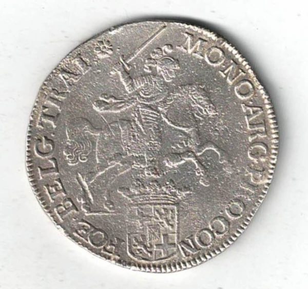 1711 Netherlands Utrecht Silver Ducaton Shipwreck Coin. The obverse features an armoured knight with sword in right hand on charging horse.
