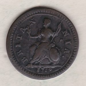 1719 copper farthing coin featuring the portrait of King George I on the Obverse. Britannia seated facing left on the Reverse.