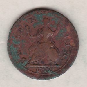 1722 copper farthing coin featuring the portrait of King George I on the Obverse. Britannia seated facing left on the Reverse.