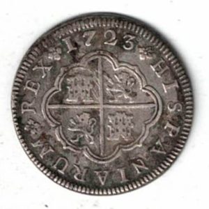 1723 F Spain Silver Two Reales Coin. The obverse features the crowned coat of arms of Spain. The reverse features a cross with lions and a castle.