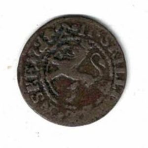 1724 Norway Billion Two Skilling Coin. The obverse features a crowned monogram of king Frederick IV. The reverse features a Norwegian lion holding an axe. 