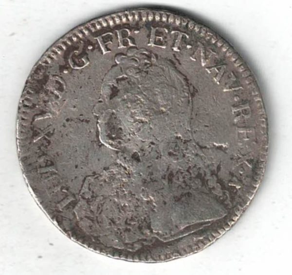 1726 M France Silver One Ecu Coin. The obverse features the bust of Louis XV facing left. The reverse features the shield of France with two olive branches.