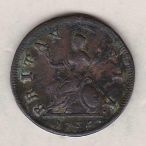1735 copper farthing coin featuring the portrait of King George II on the Obverse. Britannia seated facing left on the Reverse.