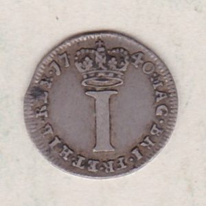 1740 Silver Maundy Penny coin featuring King George II on the obverse. A large central denomination below a crown dividing the date on the reverse.
