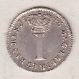 1746 Silver Maundy Penny coin featuring King George II on the obverse. A large central denomination below a crown dividing the date on the reverse.
