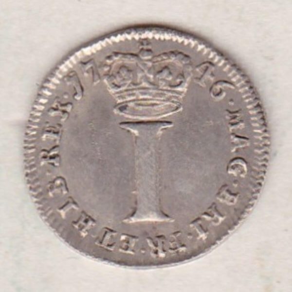 1746 Silver Maundy Penny coin featuring King George II on the obverse. A large central denomination below a crown dividing the date on the reverse.