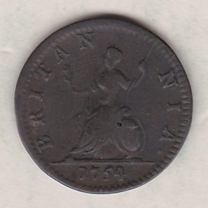 1754 copper farthing coin featuring the portrait of King George II on the Obverse. Britannia seated facing left on the Reverse.