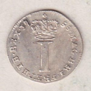 1755 Silver Maundy Penny coin featuring King George II on the obverse. A large central denomination below a crown dividing the date on the reverse.