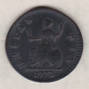 1773 copper farthing coin featuring the portrait of King George III on the Obverse. Britannia seated facing left on the Reverse.